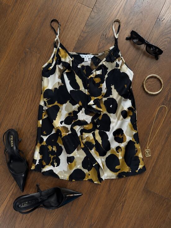 CAbi Tops - CAbi Animal Print Ruffle Cami Tank Top - Small - Leopard Print Sleeveless Blouse